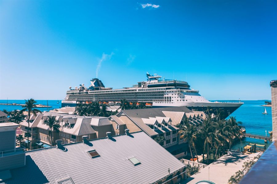 Cruise ship docked in Key West, Florida, under clear blue skies